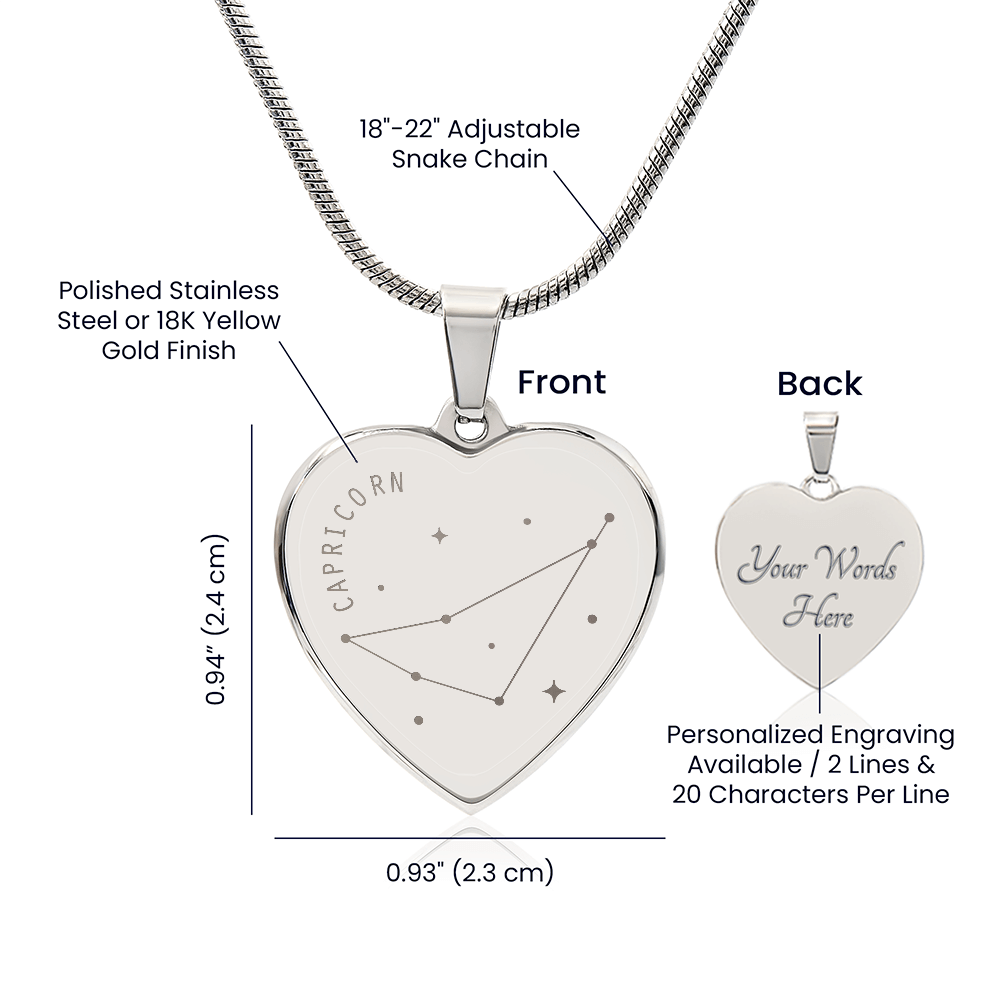 Engraved Capricorn Constellation Heart Necklace