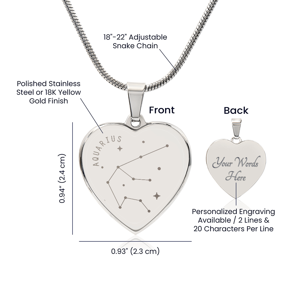 Engraved Aquarius Constellation Heart Necklace