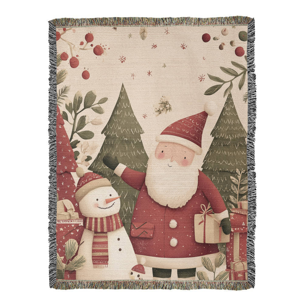 Santa & Snowman Holiday Forest Woven Blanket