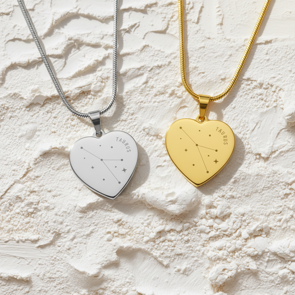 Engraved Taurus Constellation Heart Necklace