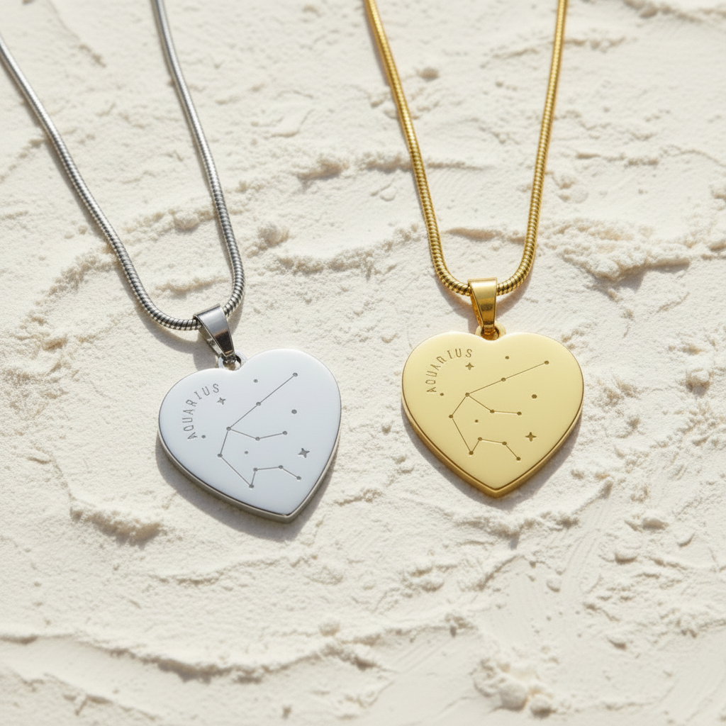 Engraved Aquarius Constellation Heart Necklace