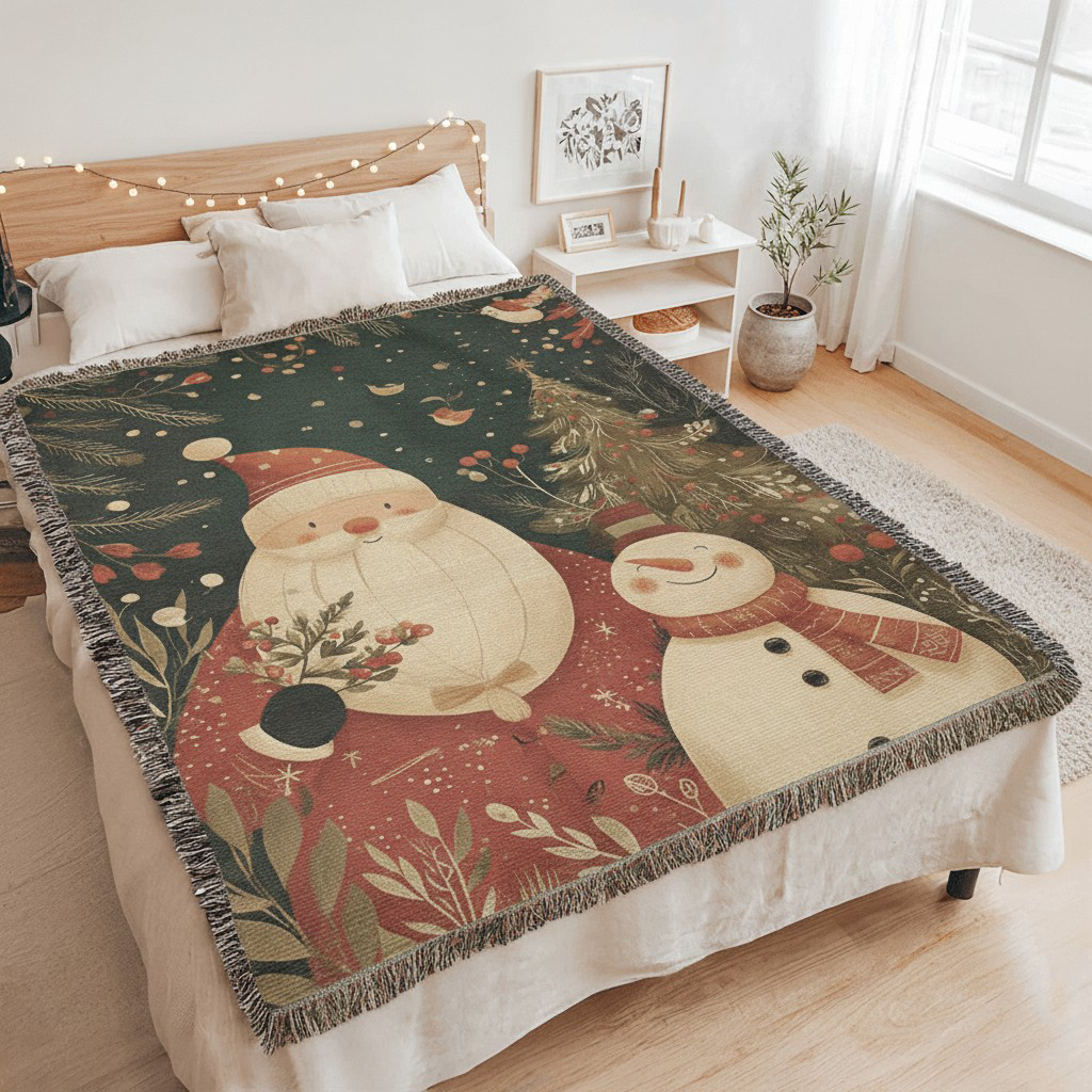 Santa & Snowman Christmas Woven Blanket