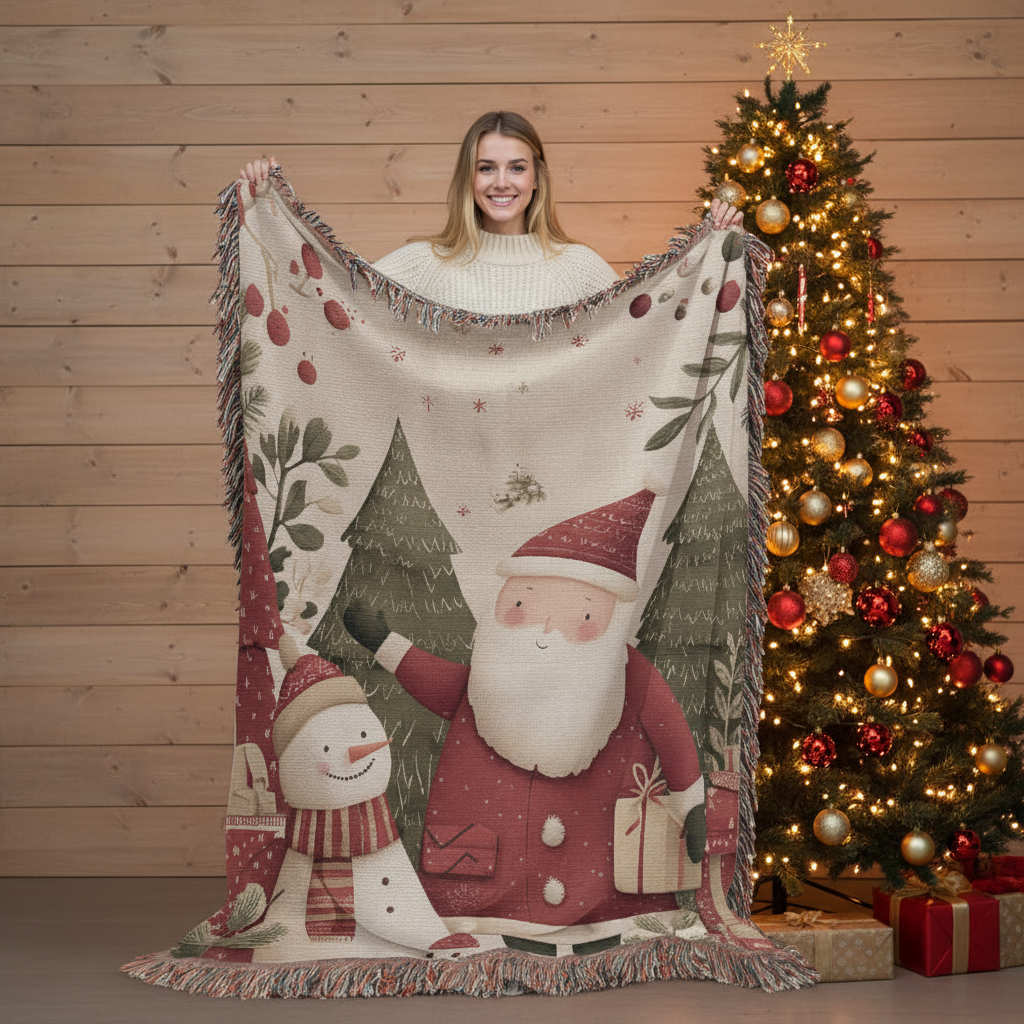Santa & Snowman Holiday Forest Woven Blanket