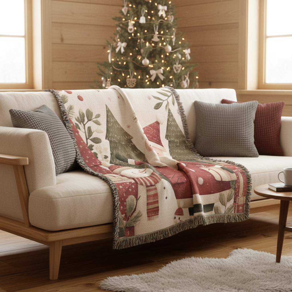 Santa & Snowman Holiday Forest Woven Blanket