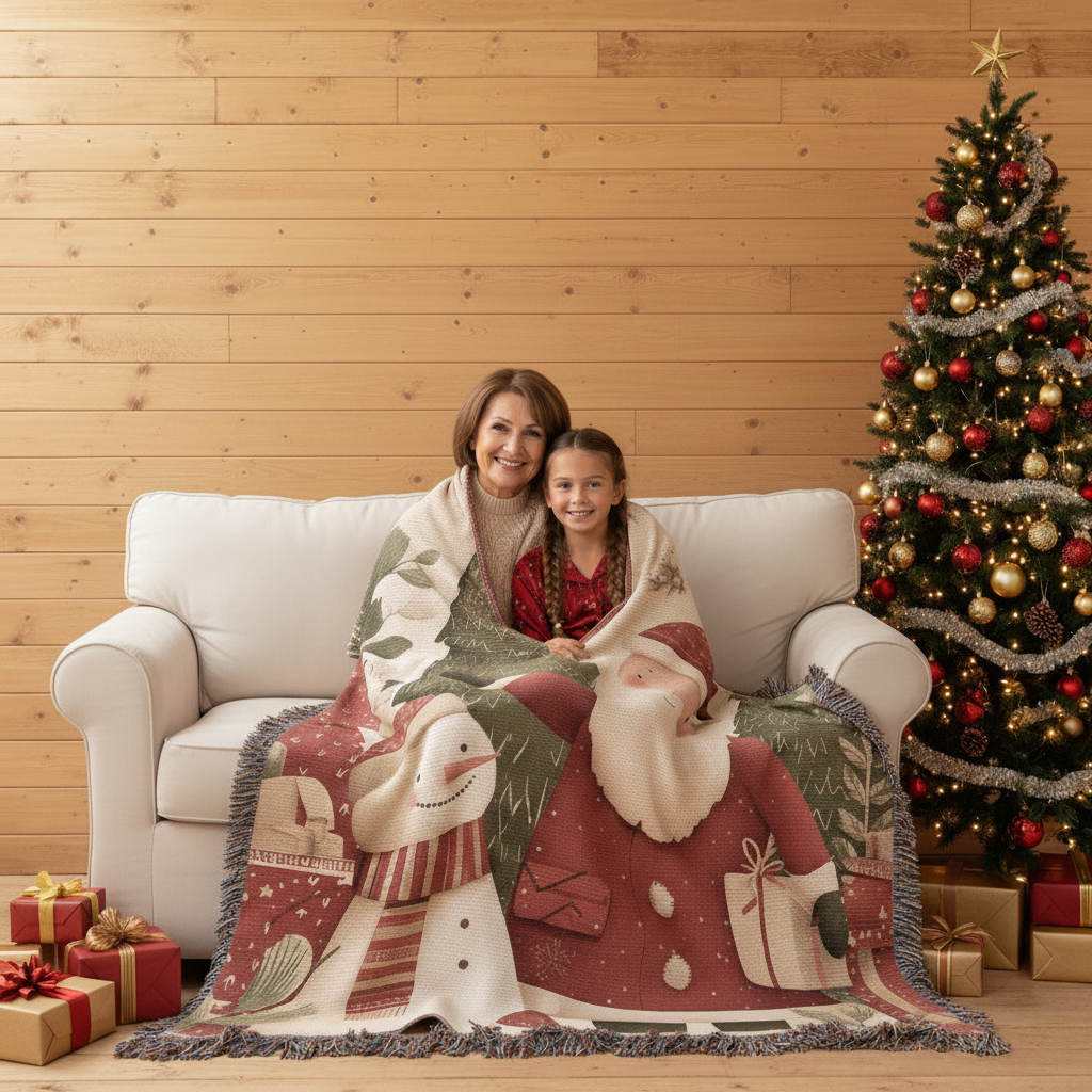 Santa & Snowman Holiday Forest Woven Blanket