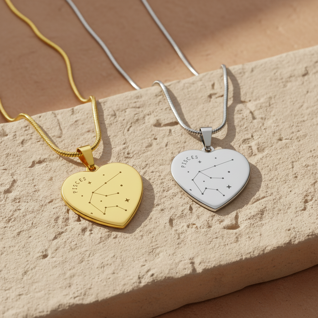 Engraved Pisces Constellation Heart Necklace