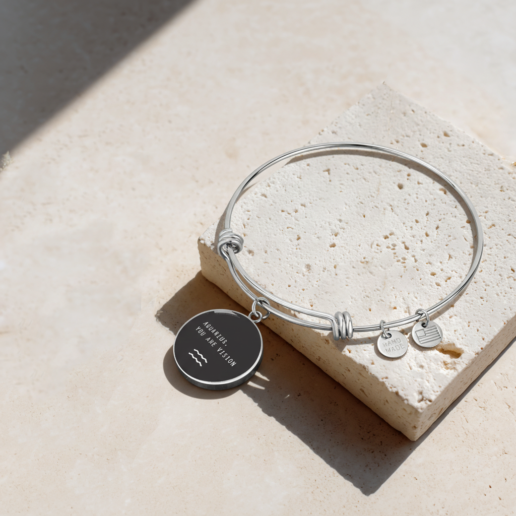 Engraved Steel Minimalist Aquarius Zodiac Bracelet