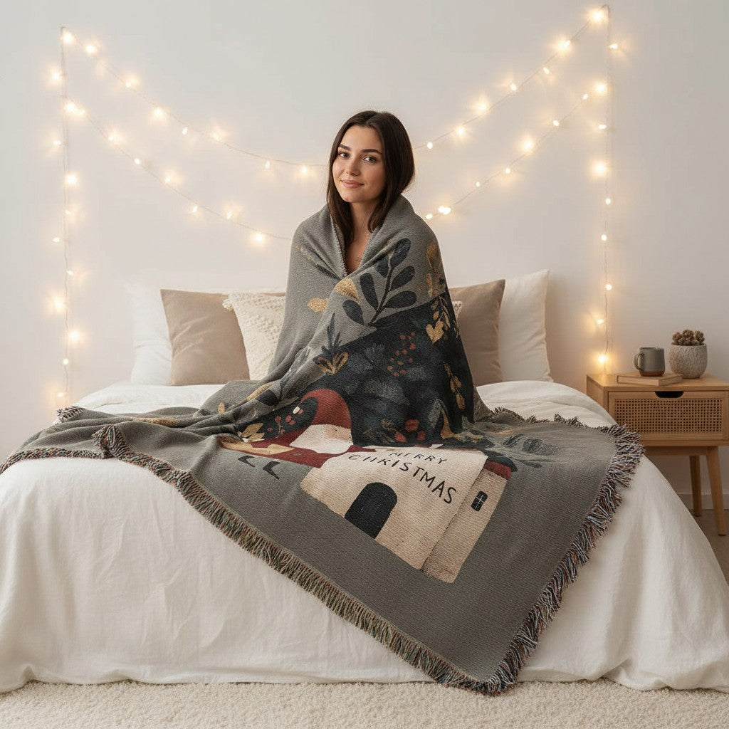 Santa's Christmas Cottage Woven Blanket