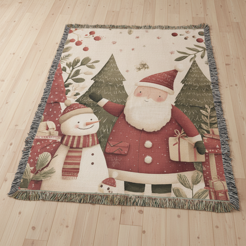Santa & Snowman Holiday Forest Woven Blanket
